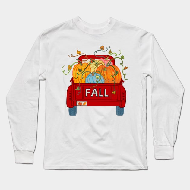 Fall Pumpkin Truck Red Vintage Old Pickup with Pumpkins Long Sleeve T-Shirt by DoubleBrush